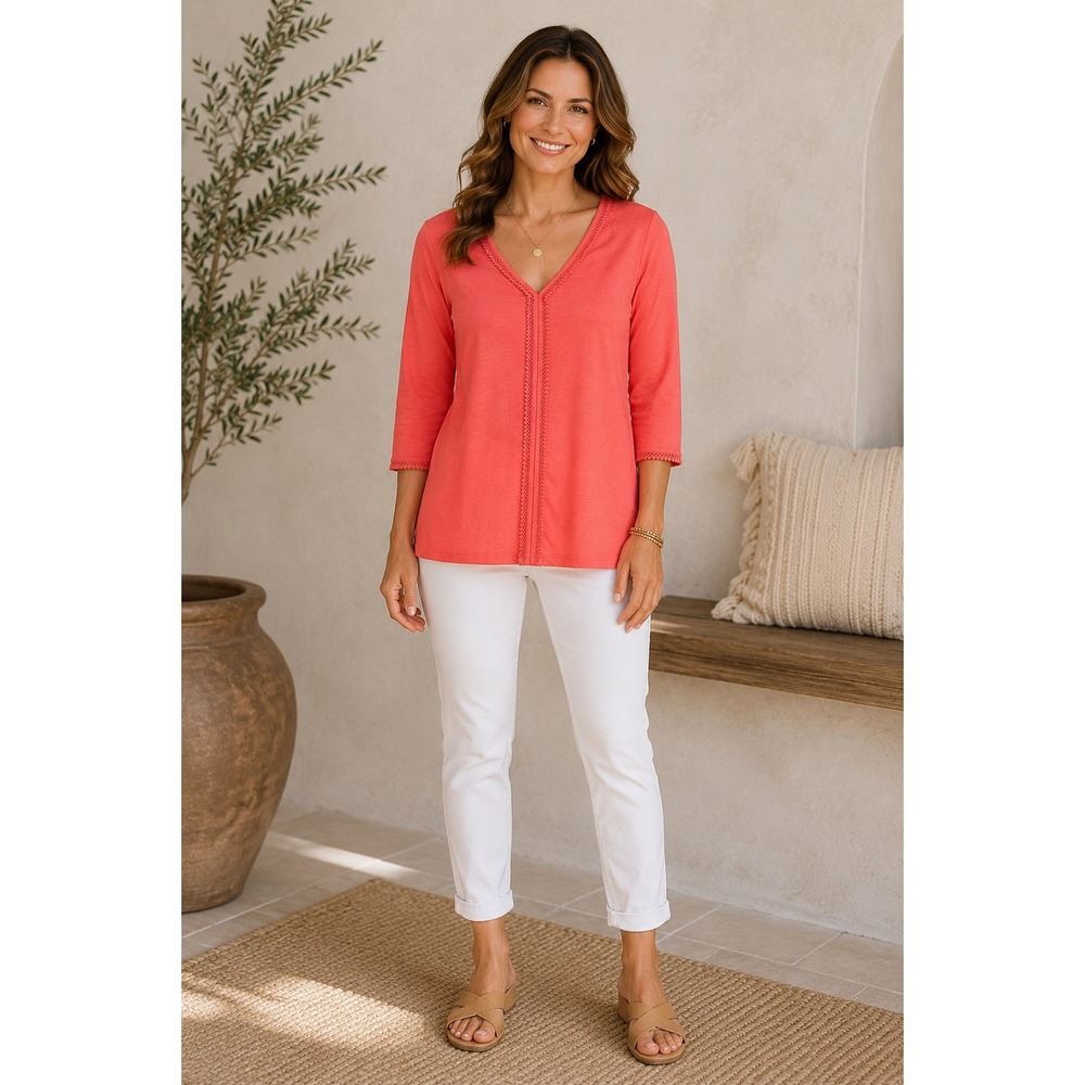 Soft Surroundings Coral Pink Crochet Lace Trim V-Neck Top XL Boho Minimalist